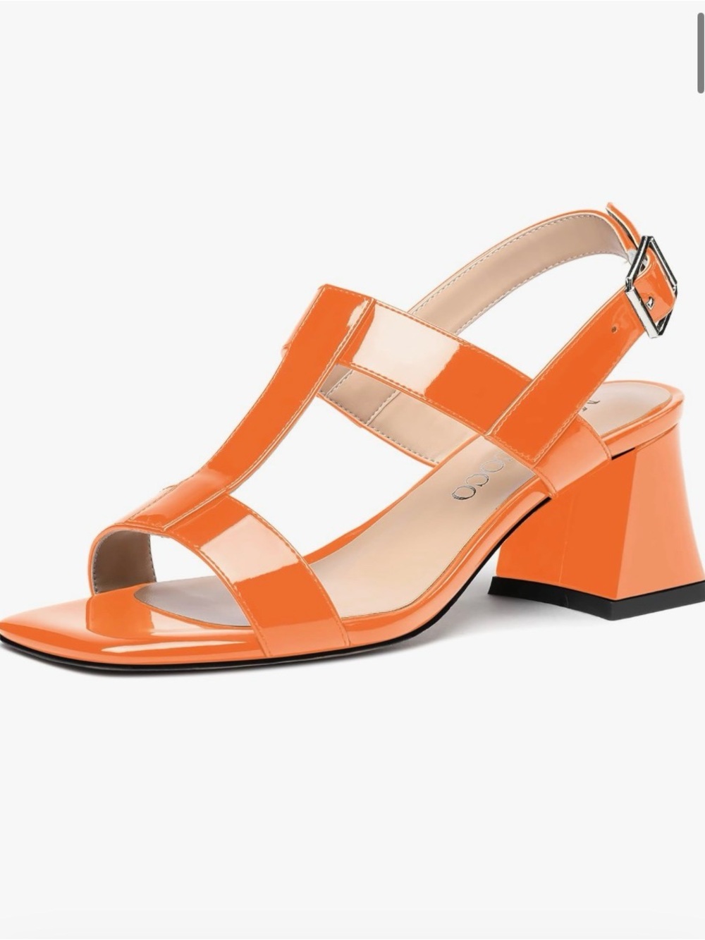 MODENCOCO Orange Patent Leather T-Strap 2inch Block Heel Sandals-Size 7